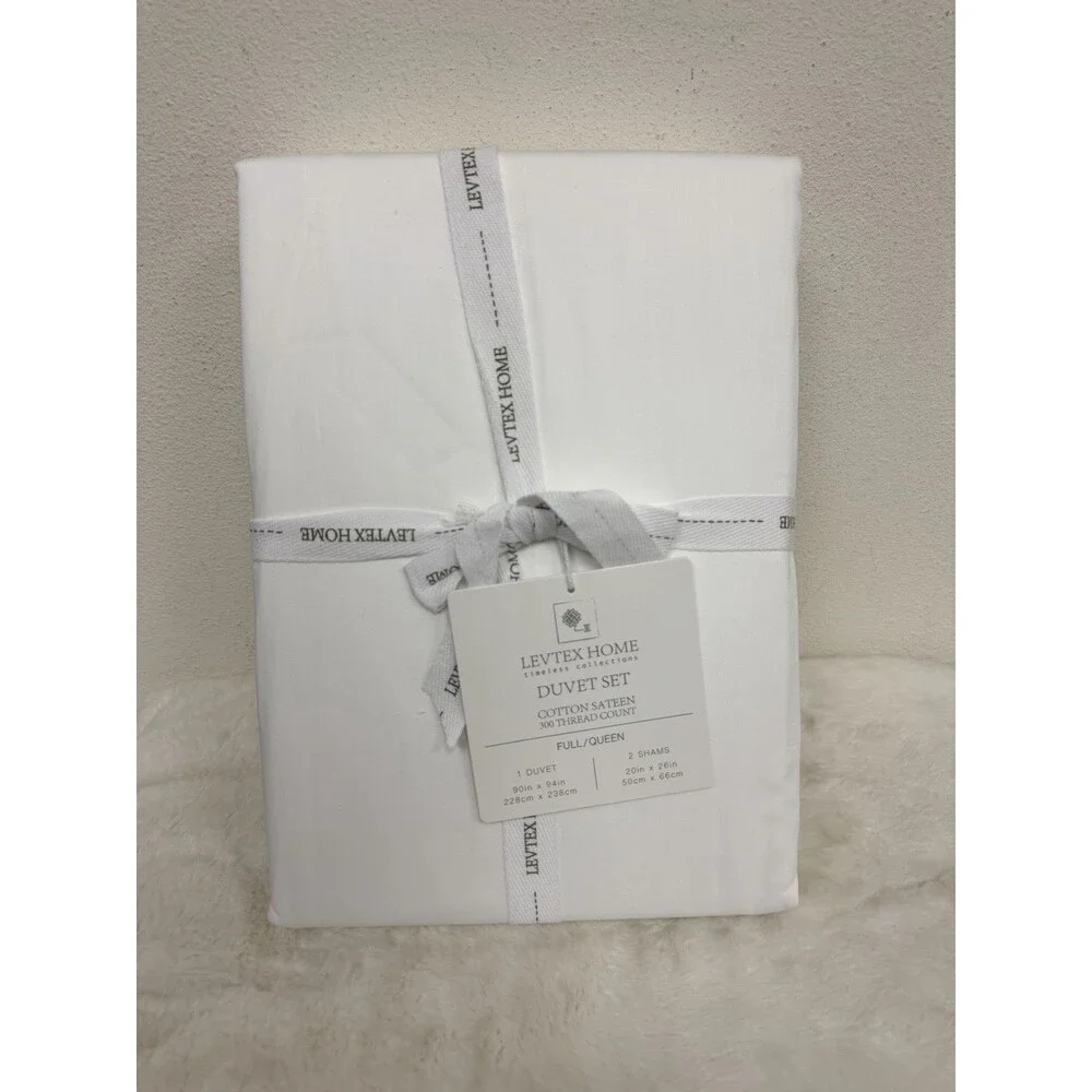 Levtex Sateen White Full/Queen Duvet Cover + 2 Standard Shams Cotton Sateen NEW